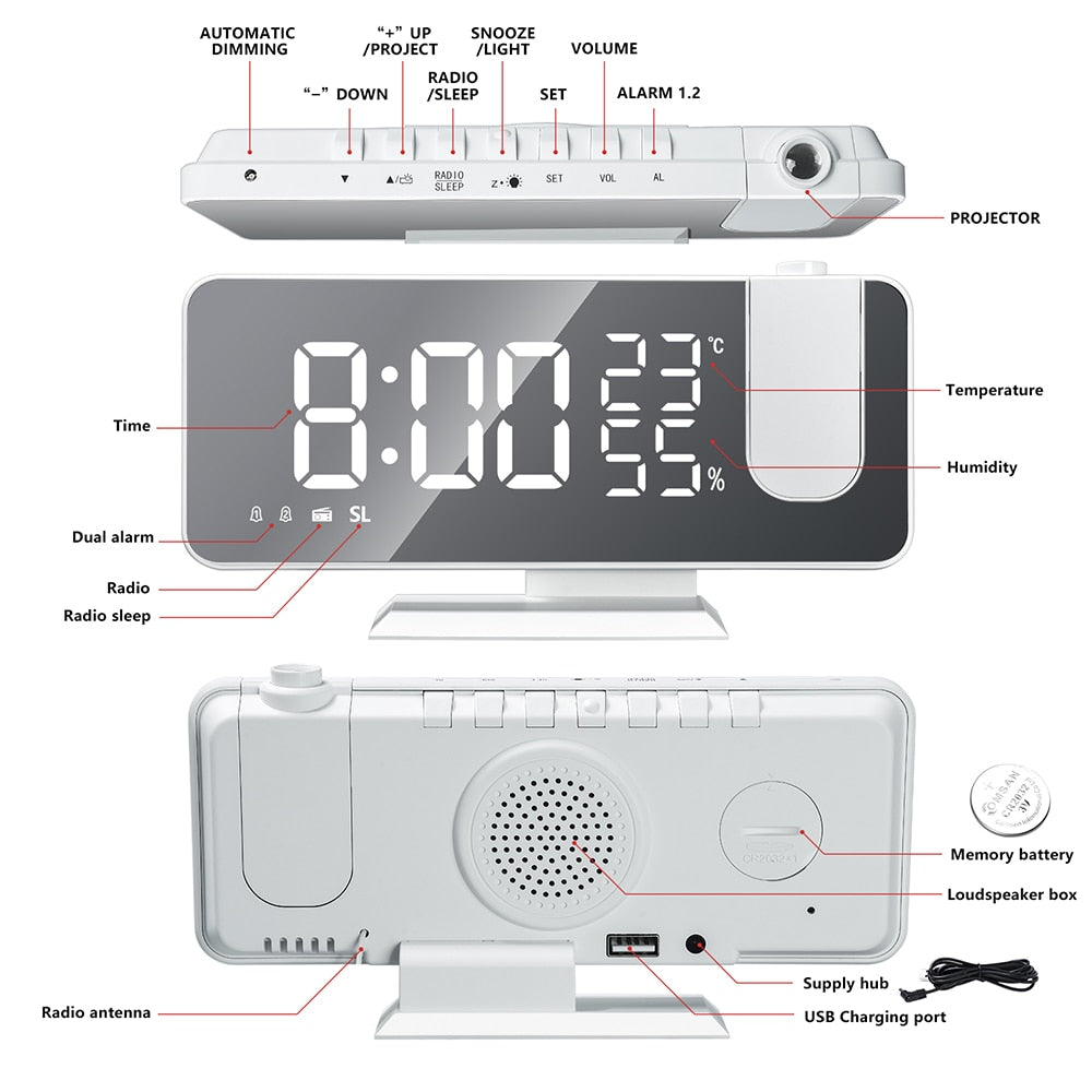 Astronatic – Innovative LED Projector Alarm Clock with USB