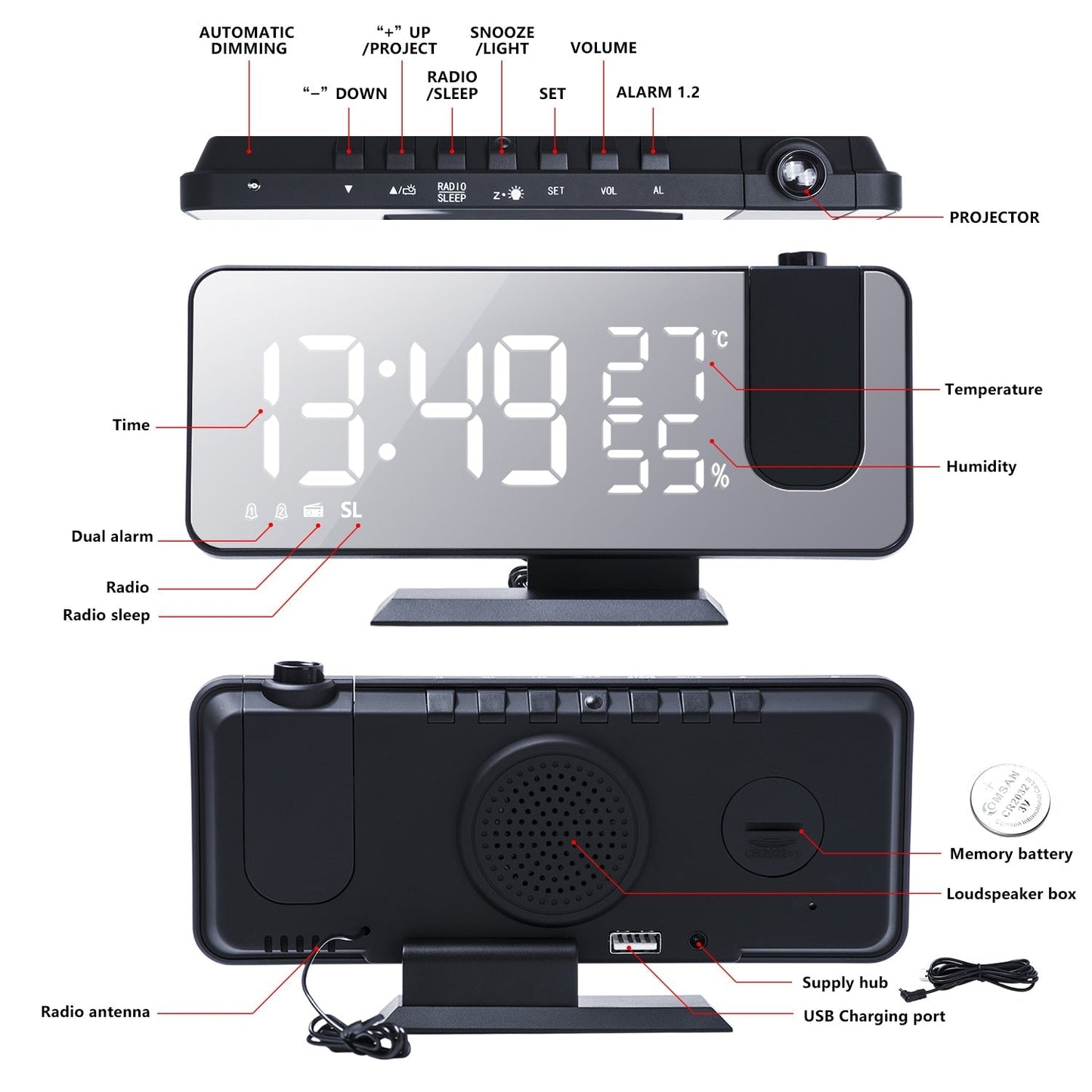 Astronatic – Innovative LED Projector Alarm Clock with USB