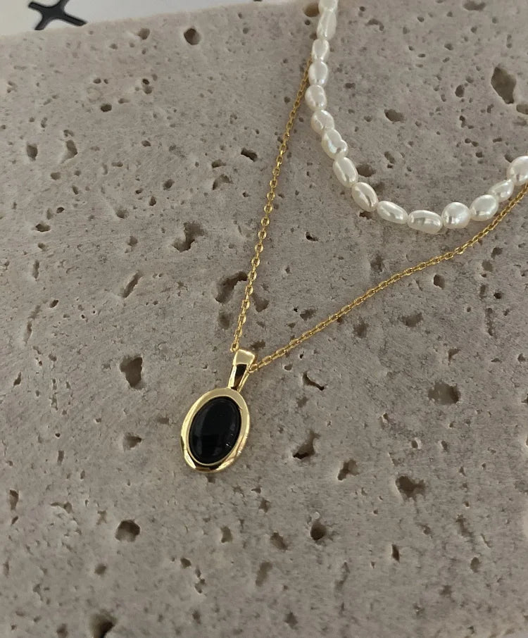 Elegant Black Onyx and Pearl Stacked Necklace - Aria Collection