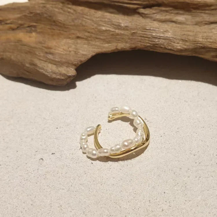 Elegant Double-Layered Gold Ring with Luminous Freshwater Pearl - Ivy