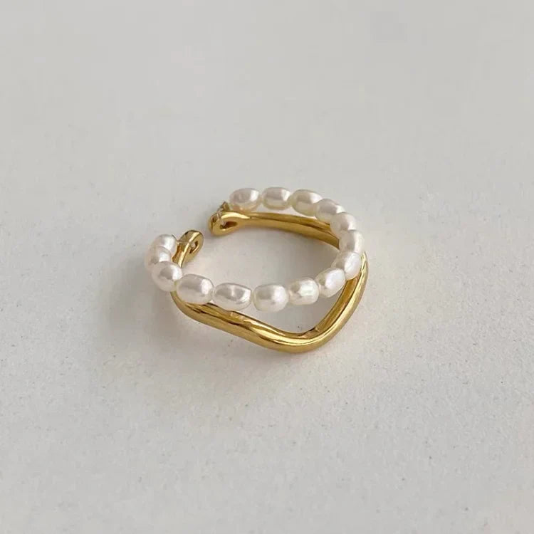 Elegant Double-Layered Gold Ring with Luminous Freshwater Pearl - Ivy