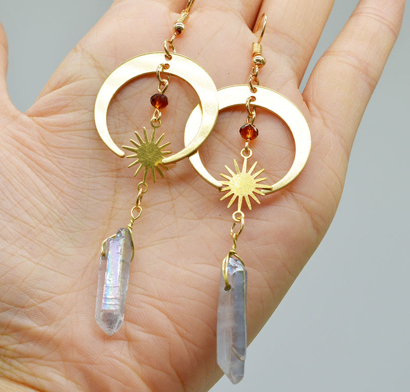 Enchanting Natural Crystal Moon and Star Earrings - Elara