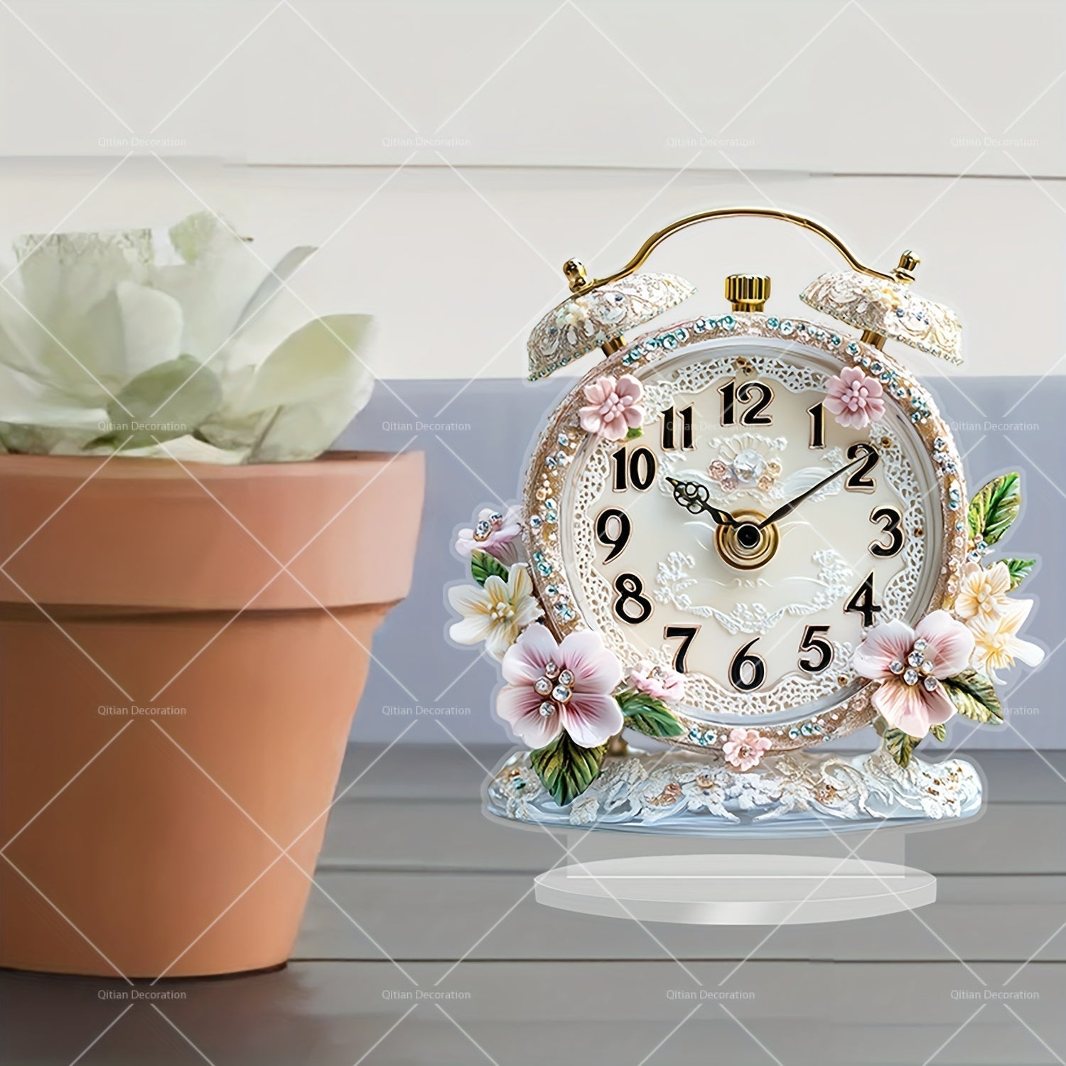 GlamTime Clock - Luxury Acrylic Floral Alarm Clock with Gemstones