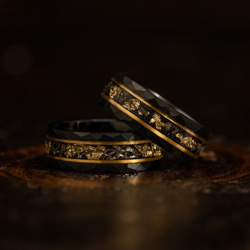 Elegant Orion Ring of Black Meteorite with Luxurious Gold Leaf Details