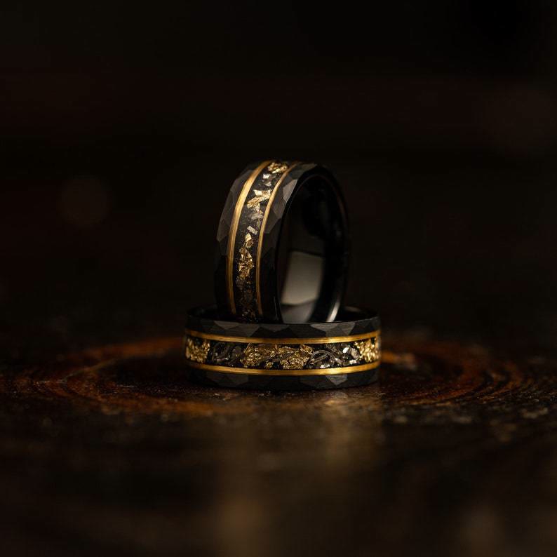 Elegant Orion Ring of Black Meteorite with Luxurious Gold Leaf Details