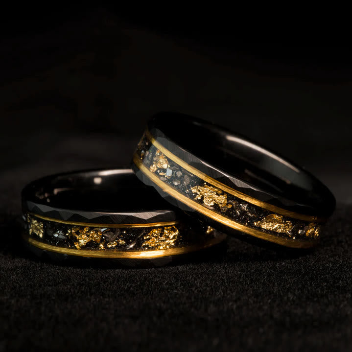 Elegant Orion Ring of Black Meteorite with Luxurious Gold Leaf Details