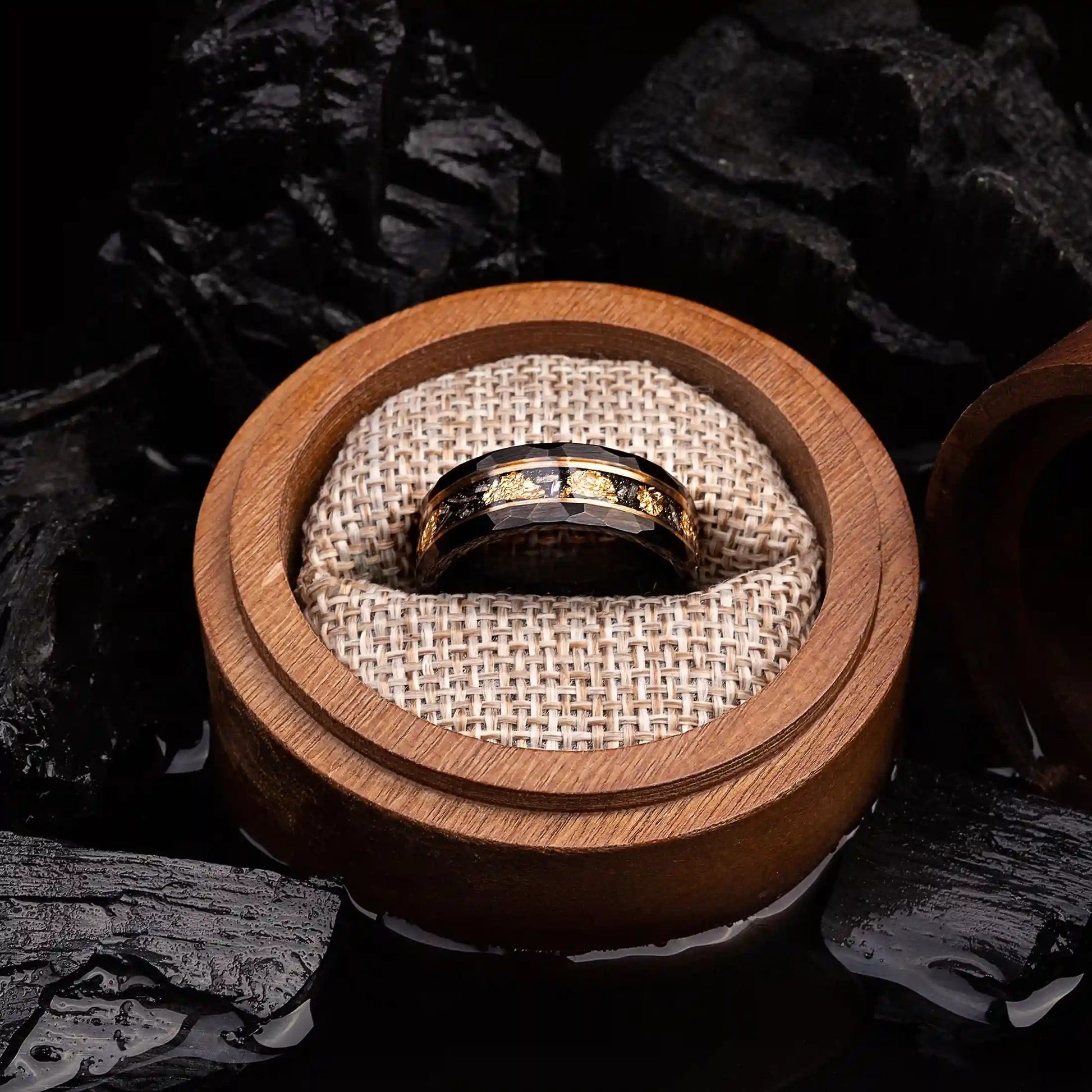 Elegant Orion Ring of Black Meteorite with Luxurious Gold Leaf Details