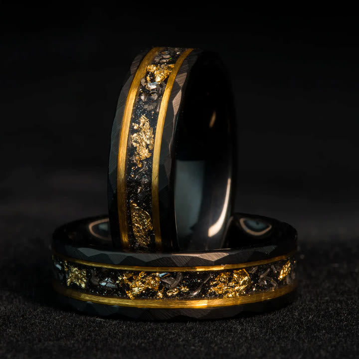 Elegant Orion Ring of Black Meteorite with Luxurious Gold Leaf Details