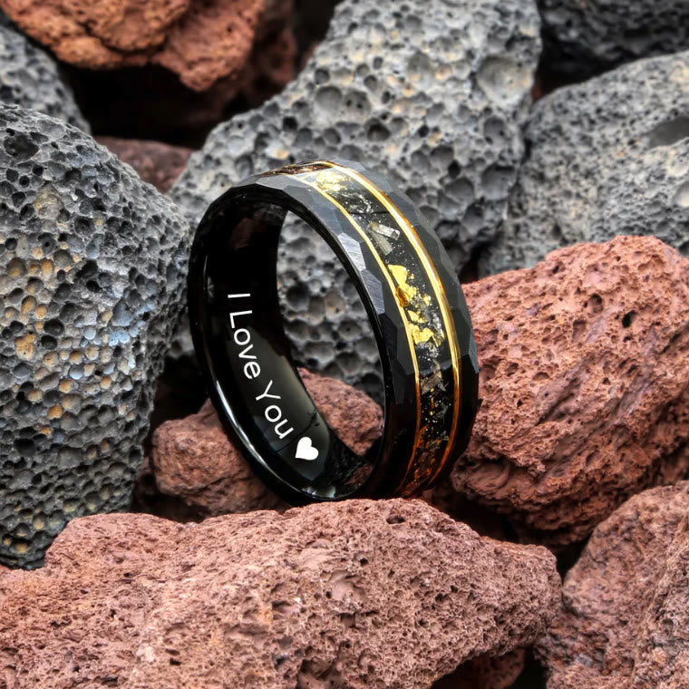 Elegant Orion Ring of Black Meteorite with Luxurious Gold Leaf Details