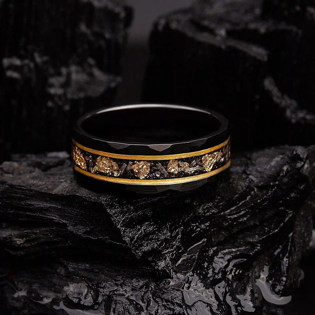 Elegant Orion Ring of Black Meteorite with Luxurious Gold Leaf Details