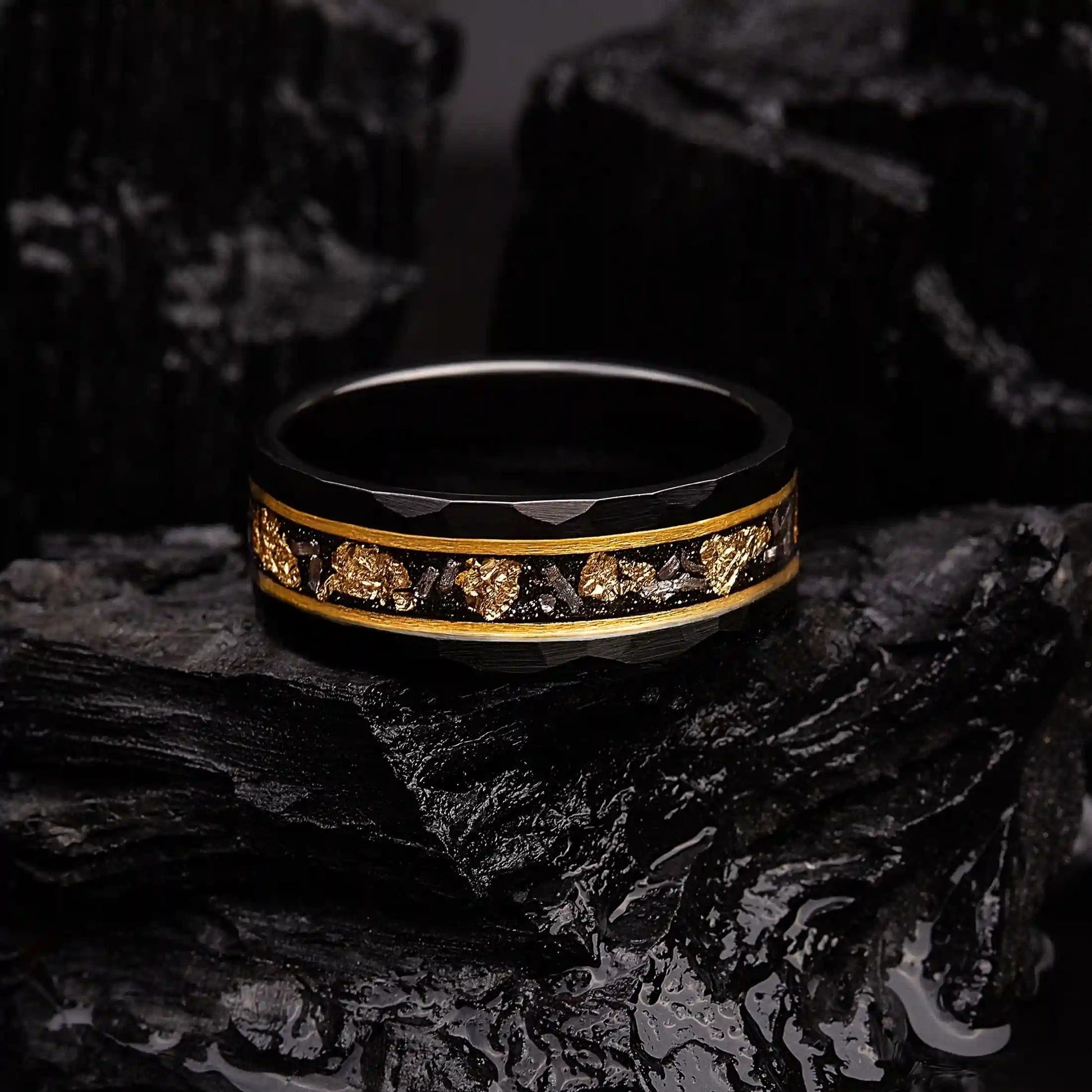 Elegant Orion Ring of Black Meteorite with Luxurious Gold Leaf Details