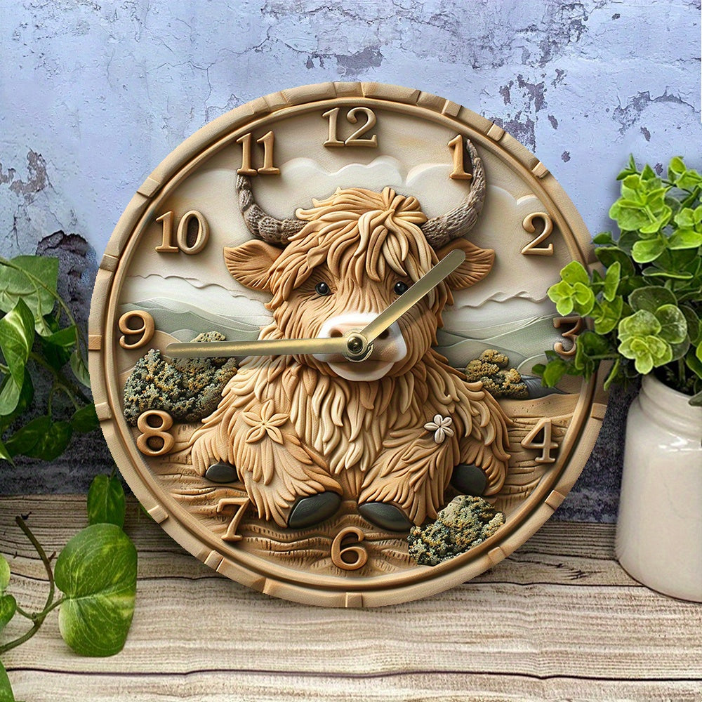 HighlandCharm Clock – Rustic Wall Clock with Cow Motif