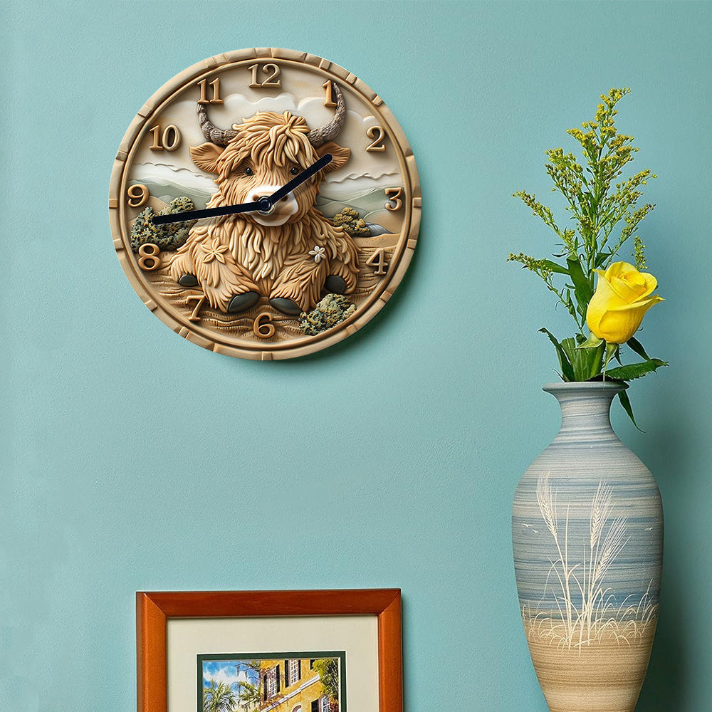 HighlandCharm Clock – Rustic Wall Clock with Cow Motif