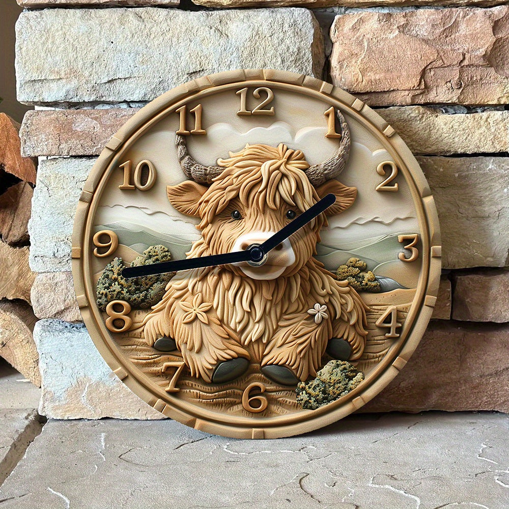 HighlandCharm Clock – Rustic Wall Clock with Cow Motif
