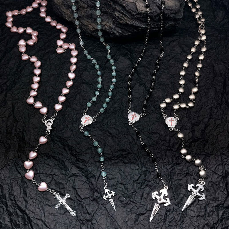 Elara Heart-Shaped Cat Eye Rosary Necklace - Unique Elegance for Your Style