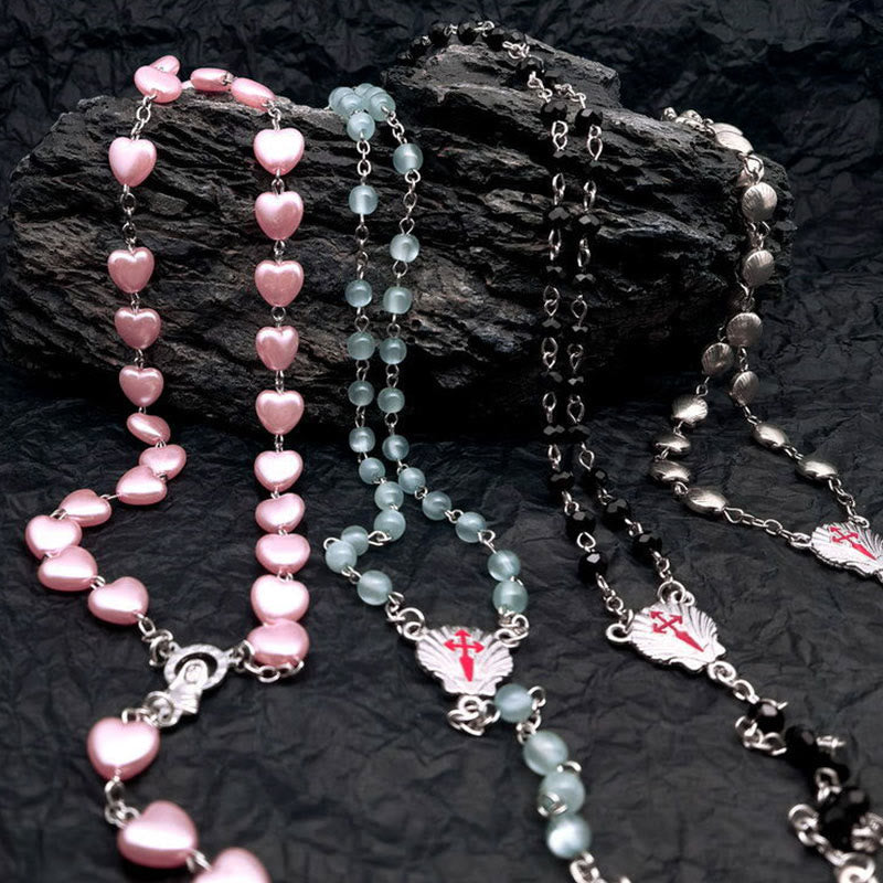 Elara Heart-Shaped Cat Eye Rosary Necklace - Unique Elegance for Your Style