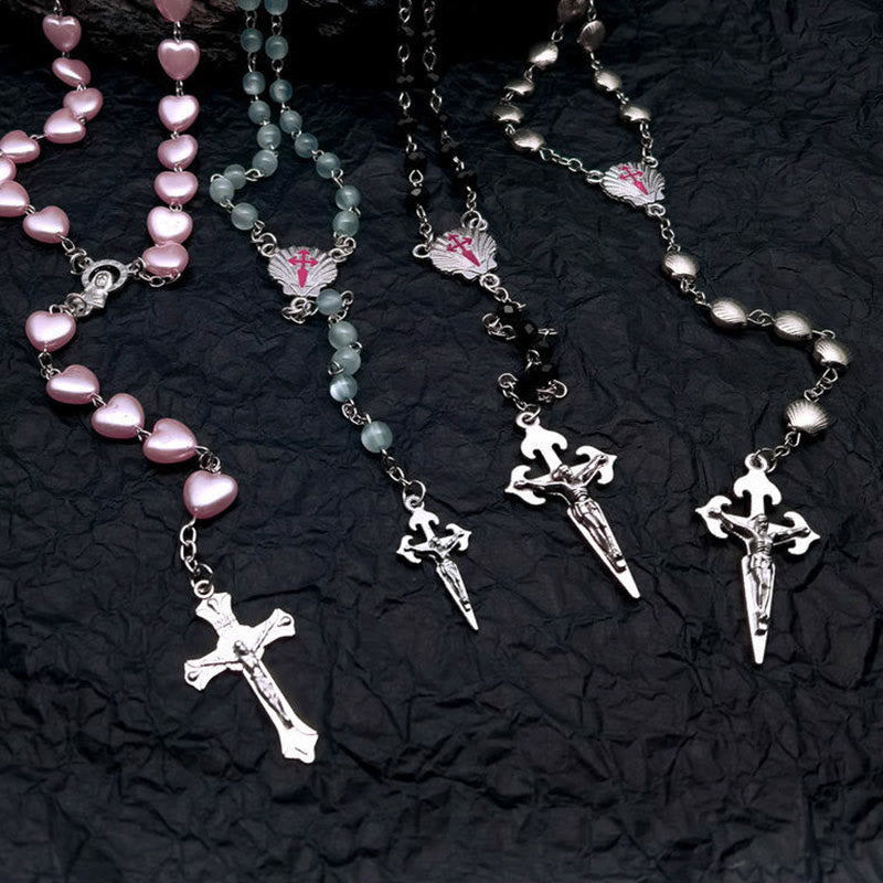 Elara Heart-Shaped Cat Eye Rosary Necklace - Unique Elegance for Your Style