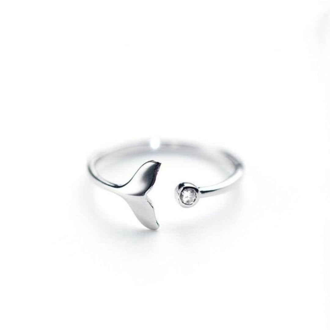 Beautiful Adjustable Ring with Silver Dolphin Tail and Sparkling Zirconia - Marine