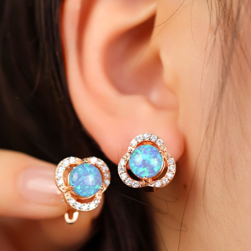Elegant White Opal & Cubic Zirconia Clover Leaf Earrings - Elara Collection