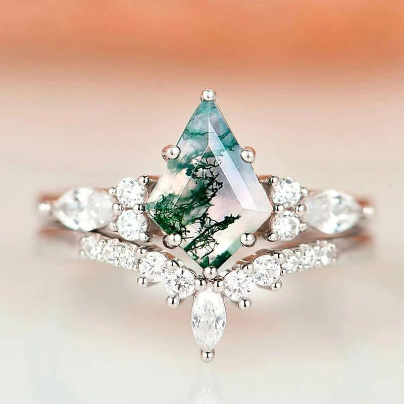Elegant 2-piece Moss Agate Ring Set - Serenia