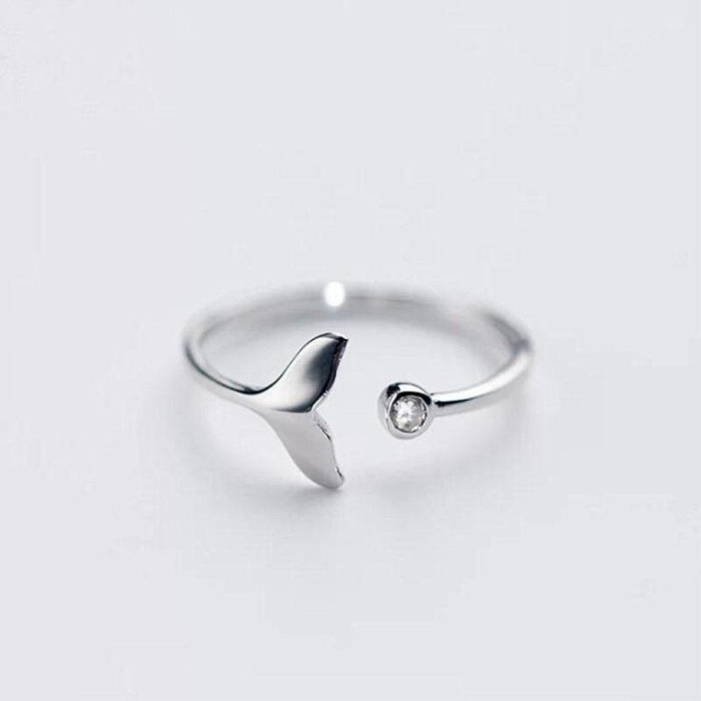 Beautiful Adjustable Ring with Silver Dolphin Tail and Sparkling Zirconia - Marine