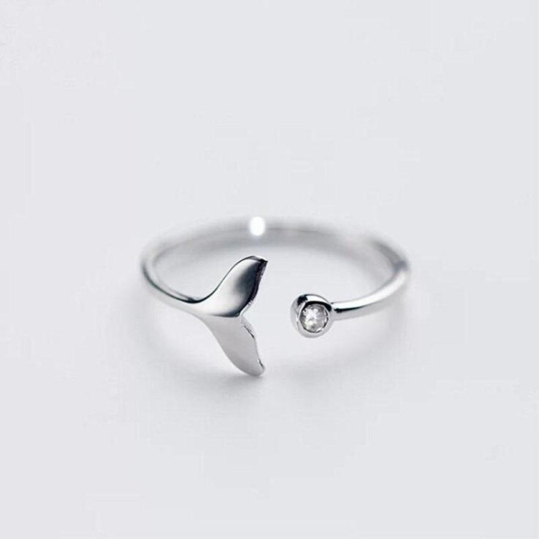Beautiful Adjustable Ring with Silver Dolphin Tail and Sparkling Zirconia - Marine