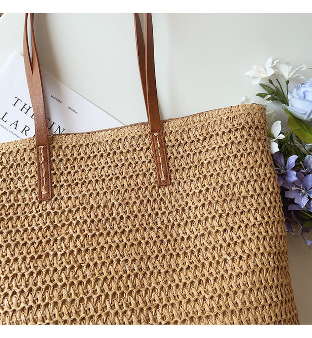 SummerBreeze Tote - Stylish Woven Bag with Leather Handles