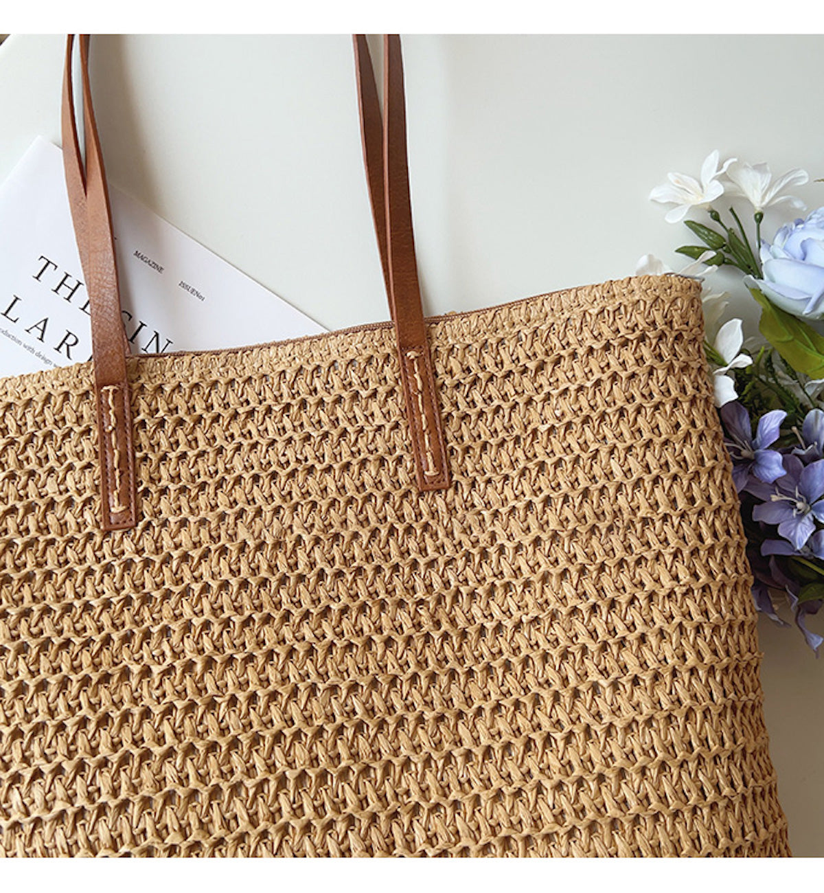 SummerBreeze Tote - Stylish Woven Bag with Leather Handles