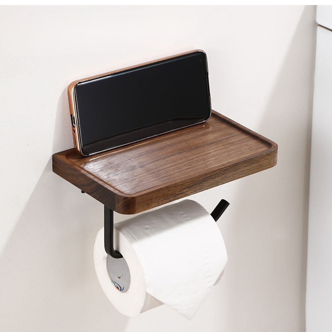 Elegant Wall-Mounted Toilet Roll Holder - Walnut Wood and Stainless Steel