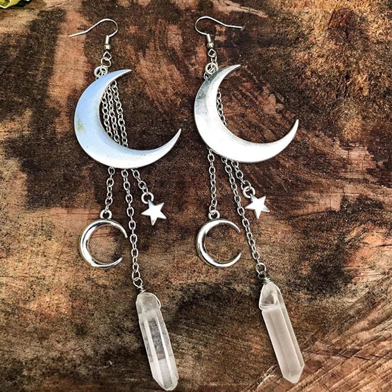Enchanting Natural Crystal Moon and Star Earrings - Elara