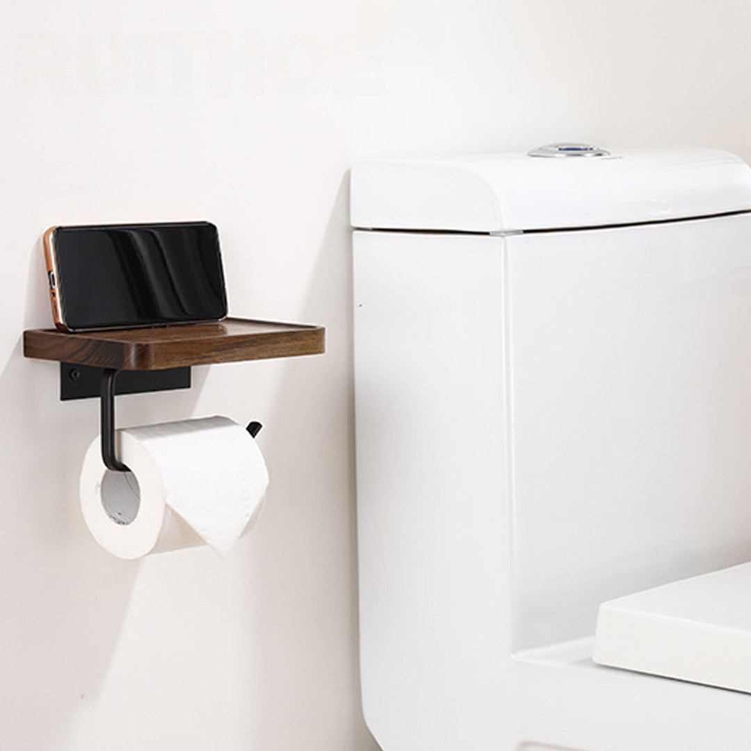 Elegant Wall-Mounted Toilet Roll Holder - Walnut Wood and Stainless Steel
