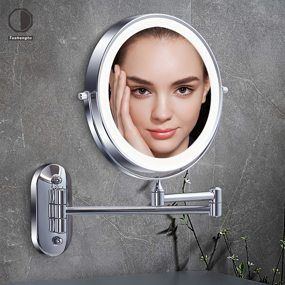 GlamGlow - Luxury LED Wall Mirror with Magnifying Lens and Rechargeable USB