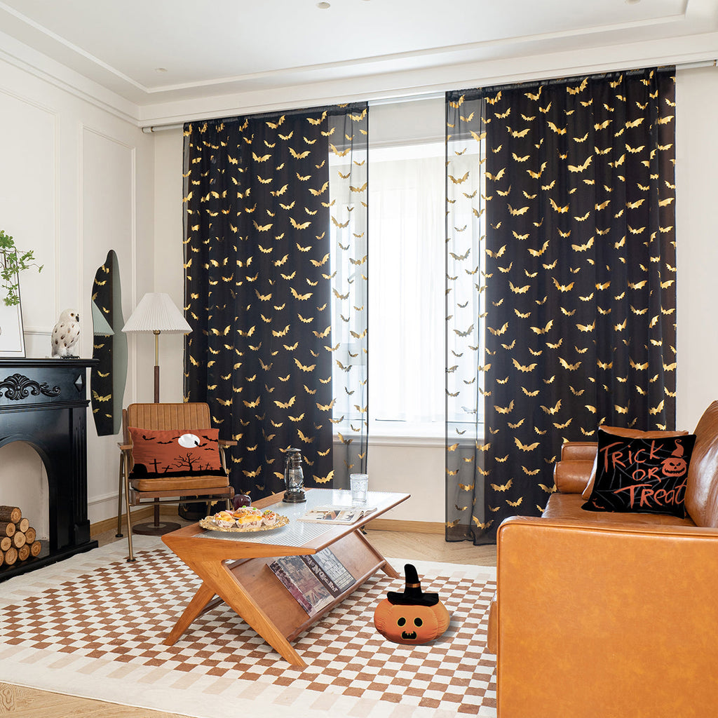 BatGlow Curtains - Elegant Bat Print on Transparent Polyester