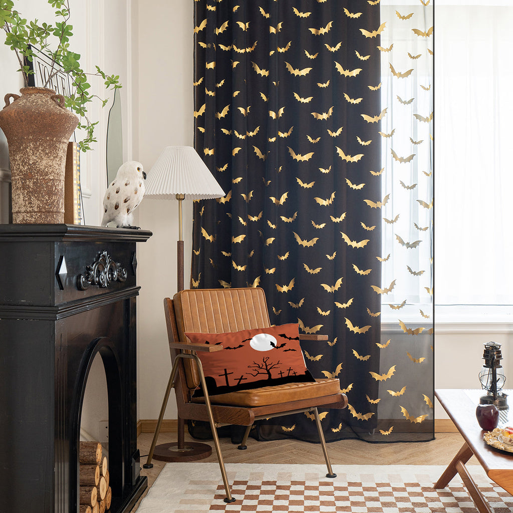 BatGlow Curtains - Elegant Bat Print on Transparent Polyester