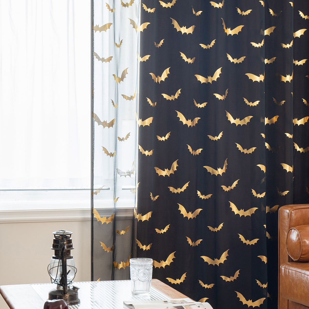 BatGlow Curtains - Elegant Bat Print on Transparent Polyester