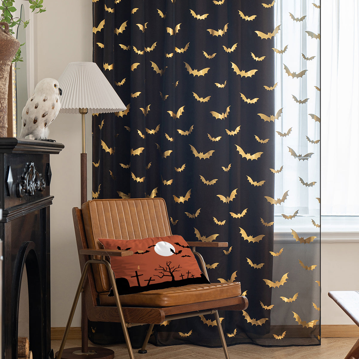 BatGlow Curtains - Elegant Bat Print on Transparent Polyester