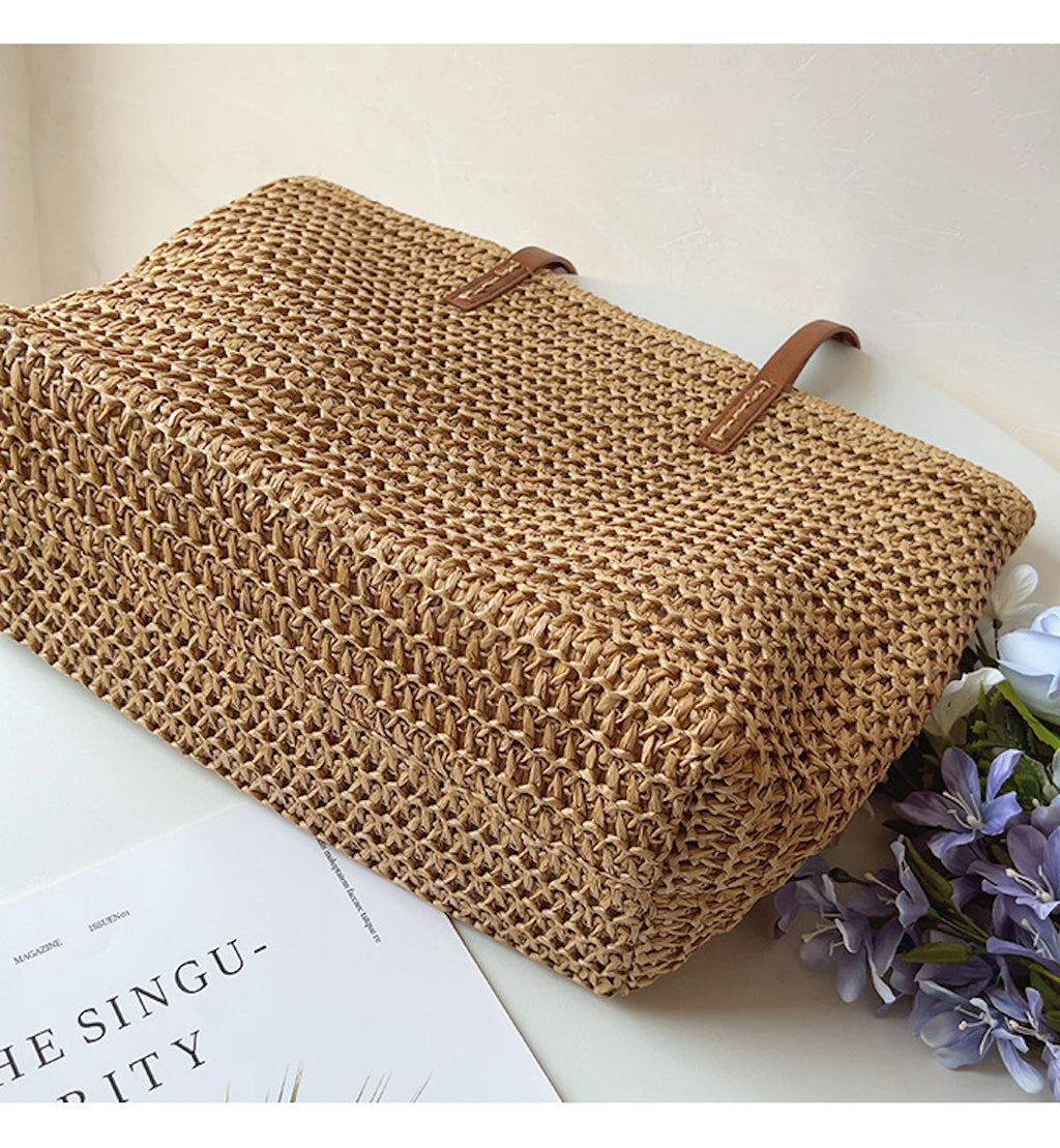 SummerBreeze Tote - Stylish Woven Bag with Leather Handles