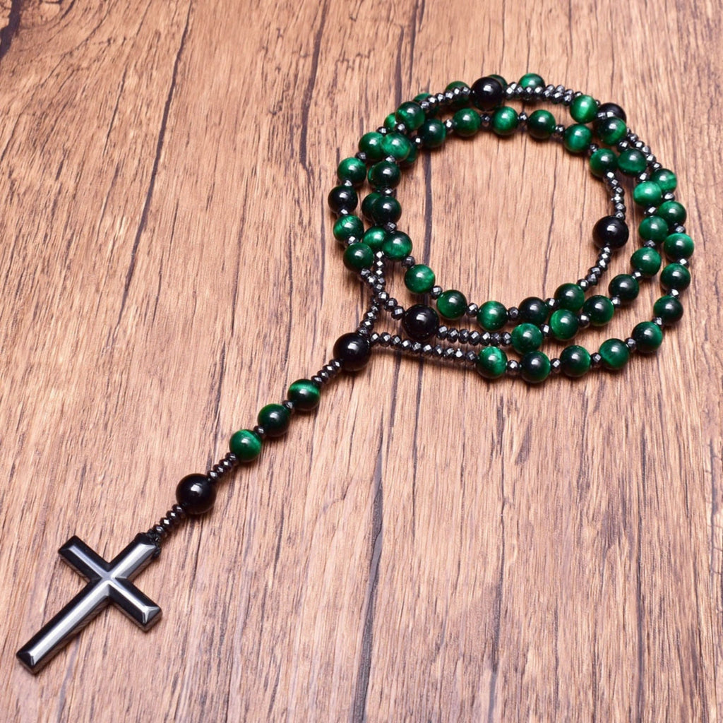 Stylish Men's Tiger Eye and Lapis Lazuli Cross Rosary Necklace - Orion Collection
