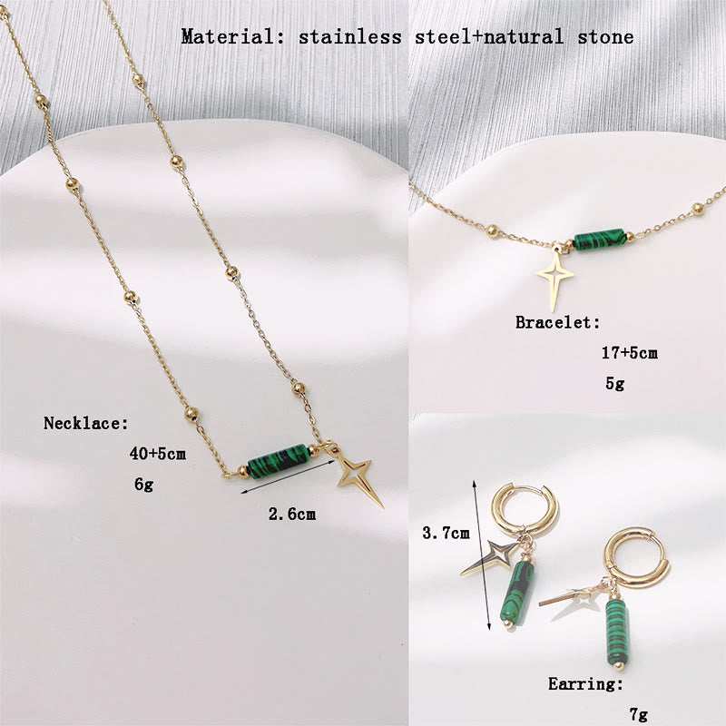 Elegant Maria Malachite Star Jewelry Set: Earrings, Necklace, and Bracelet Made from Natural Malachite
