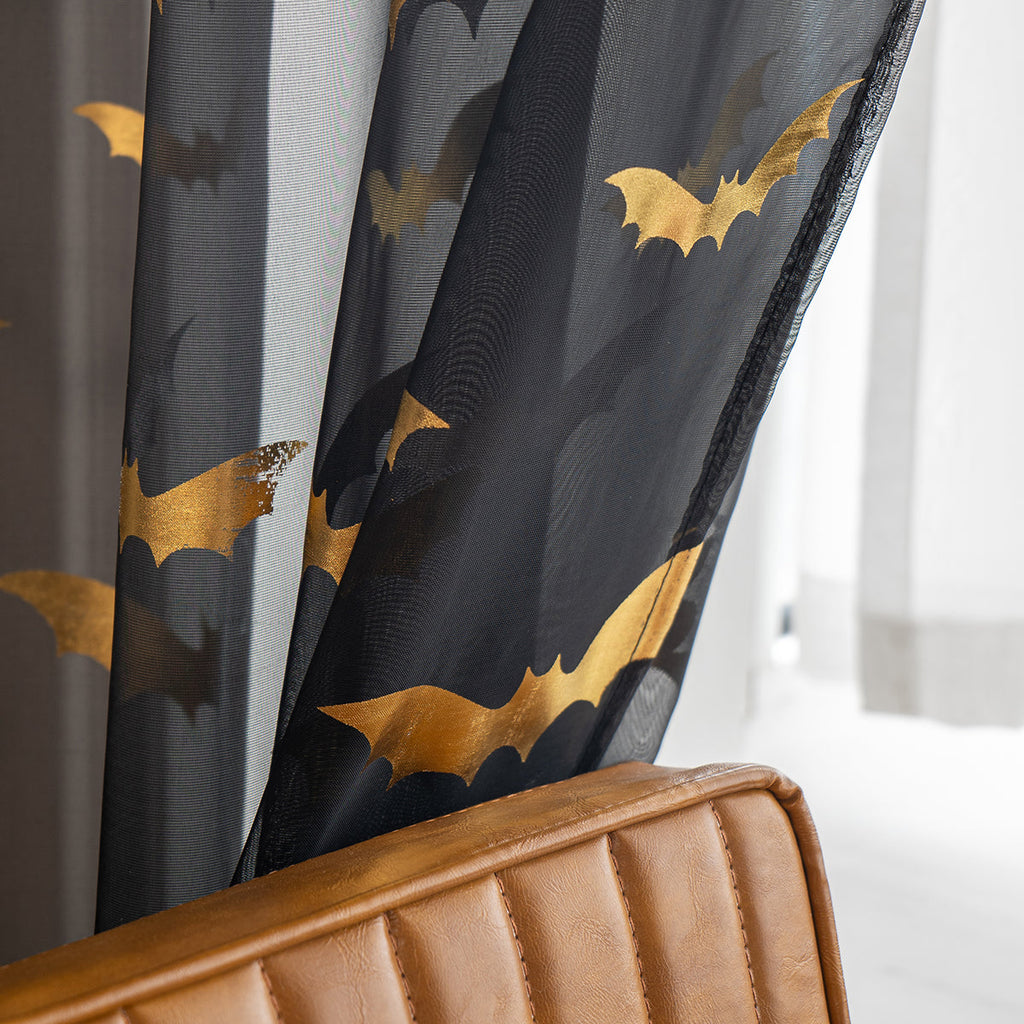 BatGlow Curtains - Elegant Bat Print on Transparent Polyester