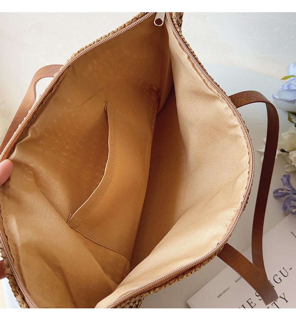 SummerBreeze Tote - Stylish Woven Bag with Leather Handles