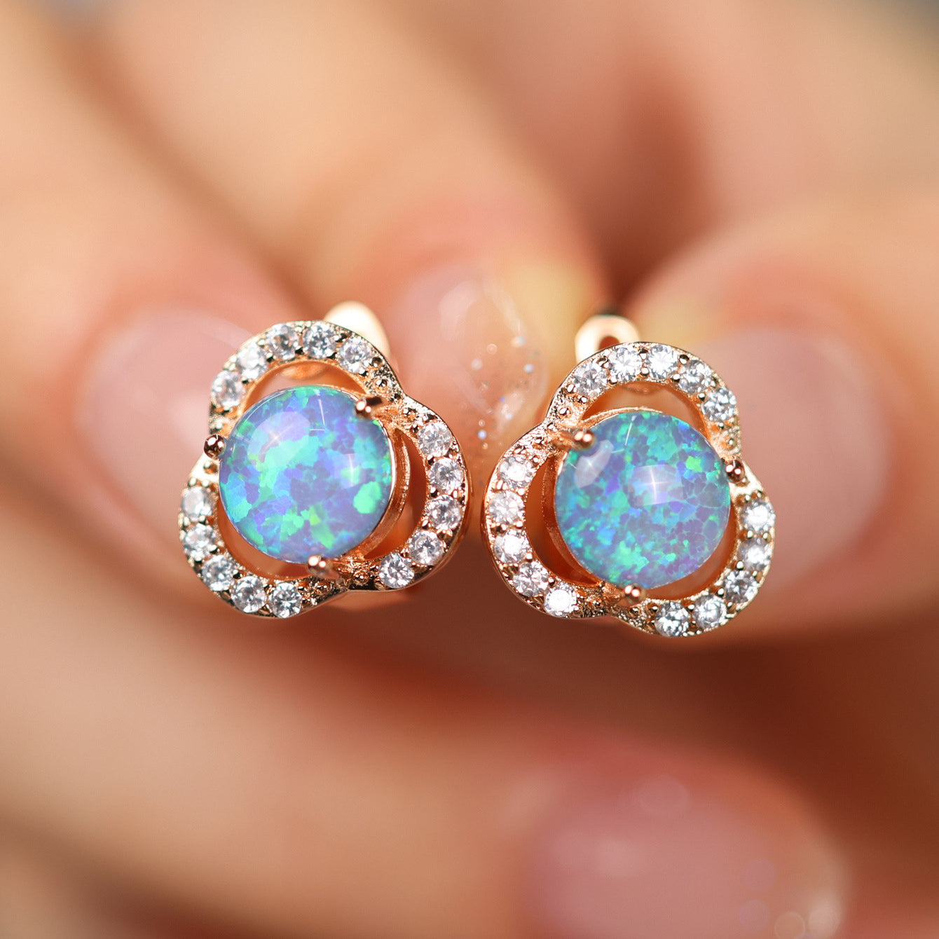 Elegant White Opal & Cubic Zirconia Clover Leaf Earrings - Elara Collection