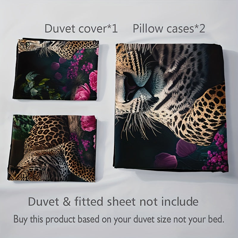 Luxurious Animal Print Bed Set with Rose Motif - 3-Piece