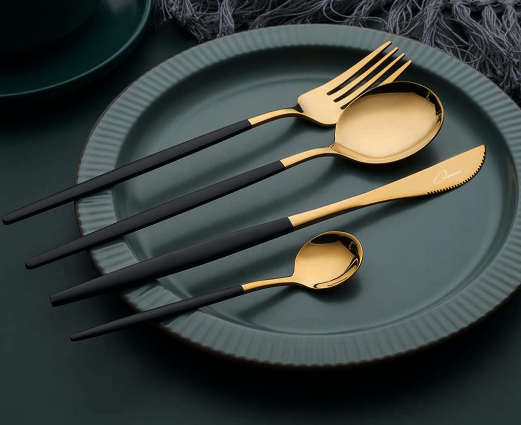 RoyalServe - Luxury Black Gold Cutlery Set for Four