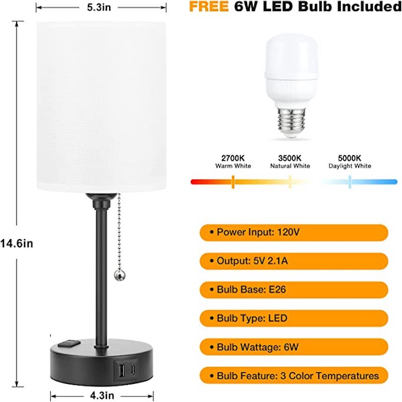 Elegant Table Lamp with Smart Charging Options and Three Colors