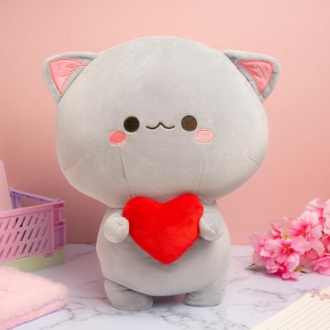 Soft Grey Cat with Heart - Perfect Cuddly Toy for Everyone