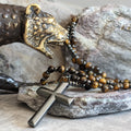 Stylish Men's Tiger Eye and Lapis Lazuli Cross Rosary Necklace - Orion Collection