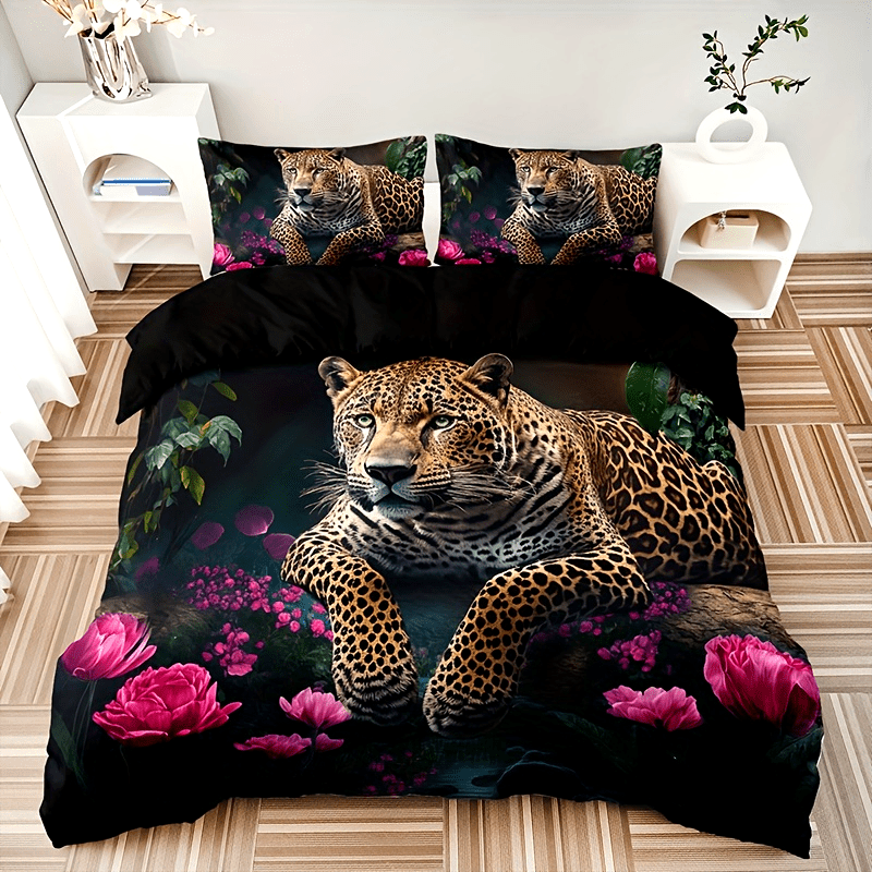 Luxurious Animal Print Bed Set with Rose Motif - 3-Piece
