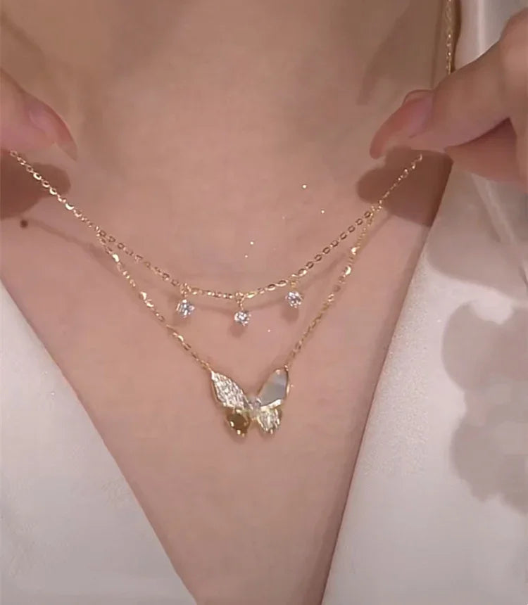 Very Elegant Double-Layered Butterfly Necklace with Zirconia and Mother of Pearl - Elayna