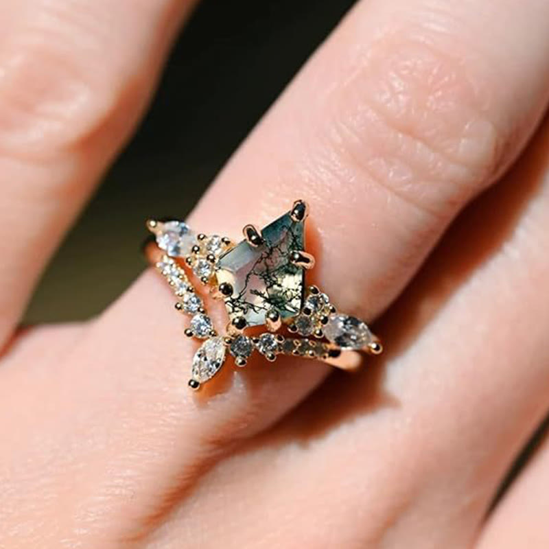 Elegant 2-piece Moss Agate Ring Set - Serenia